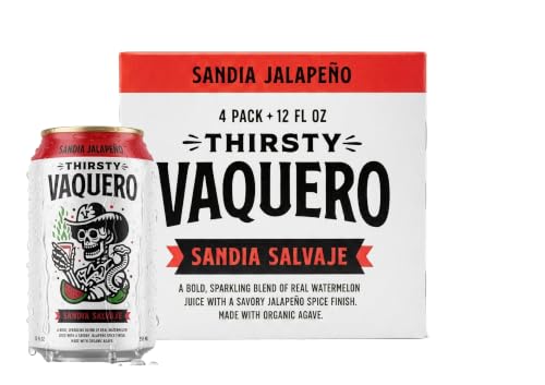 Image of Thirsty Vaquero, Watermelon Jalapeno Flavored soda (Sandia Salvaje), Mexican-inspired soda, Real Fruit Juice & Savory Spices, Made with Organic Agave, Low Calorie, Natural Juice, 12 oz Cans, 4-Pack