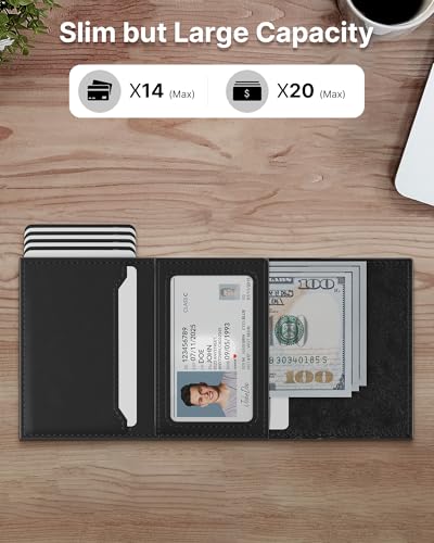 Image of typecase Mens Wallet Card Holder: Pop Up Aluminum Case, Genuine Leather, Smart, RFID Blocking, Slim, Minimalist, Front Pocket - 9-14 Card Capacity | ID Window | Cash Slot (Deep Black)