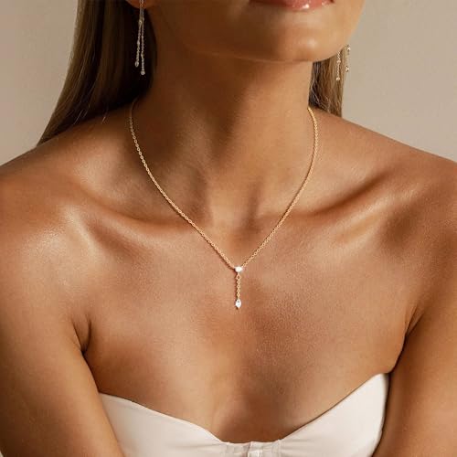 Gold/Silver Necklaces for Women, Dainty 14K Real Gold/Sterling Silver Plated Y-Shaped Necklace CZ Drop Chain Pendant Necklace Trendy Jewelry Gifts for Women2