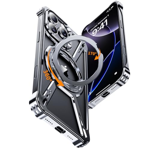 YOOVEI X Case for iPhone 16 Pro Max Case 6.9',with Kickstand 360°Rotatable Magnetic Ring Stand,[Compatible with MagSafe] Shockproof Aluminum Metal Phone Case Slim & Light Phone case,Gray