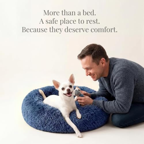 Image of ZEXSAZONE Calming Donut Dog Bed for Small & Medium Dogs, Ultra Soft Plush Pet Bed with Raised Rim Support, Anti-Slip Bottom, Washable Round Dog Bed for Puppy, Cat & Dogs (Navy Blue)