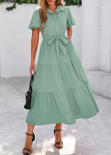 Image of KIRUNDO Summer Button Down Wedding Guest Shirt Dresses for Women Maxi Flutter Short Sleeve Flowy Tiered Beach Sun Dress