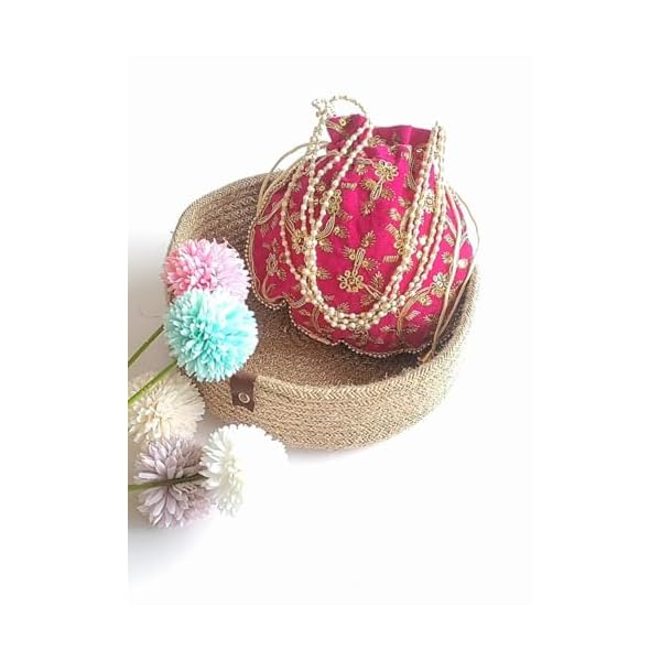 THE CRAFTOPOLIS HUB Potli Bag Velvet for ladies traditional Indian Wristlet women handbags with Drawstring Ethnic Embroidery Fashion Potli | Batwa Bag Pearls Handle Clutch Wedding Purse (Pack of 3) - Image 3