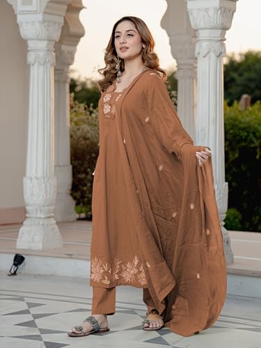 Image of Arayna Women's Pure Cotton Embroidered Kurta Pant Dupatta Set | Straight Kurta with Floral Embroidery | Ethnic Suit Set for Women