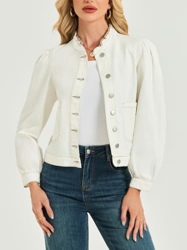 LifeShe Puff Sleeve Denim Jacket for women Ruffle Neck Jean Jacket Trendy 2025 Fall boyfriend Shacket3