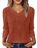 NORACORA Camicie con maniche a 3/4 con scollo a V per donna Casual Autunno Top Maglioni a tunica leggeri 2025, Caramello, XL
