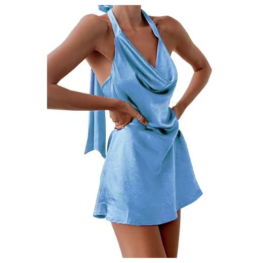 Cantonwalker Women's Cowl Neck Halterneck Slip On Backless Satin Mini Dress Sexy Silky Party Club Bodycon Dresses 0213 (M, Blue Satin Mini Dress)