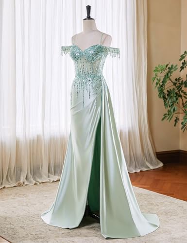 ForElise Women's Off Shoulder Satin Prom Dresses 2025 Long Slit Beaded Mermaid Corset Formal Evening Gown2