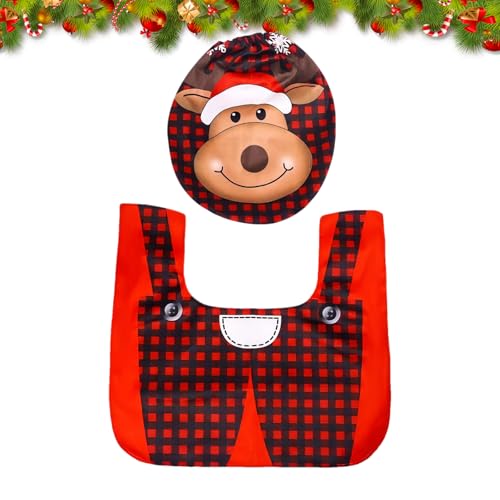 2 Stück Weihnachten Toilettensitzabdeckung Dekorationen, Weihnachten Toilettenkissen und Badematte Elch Toilettensitzbezug und Vorleger Deckel Bodenteppich Toilette Kissen Weihnachten Dekoration