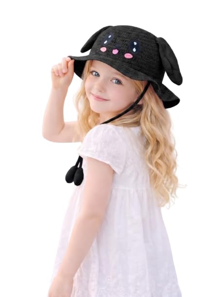 Image of FabSeasons Kids Cute Straw Sun Hat with Moving Ears (Ages 4-8 Years) | UV Protection, Wide Brim, Foldable, Beach Bucket Cap | Girls & Boys Breathable Summer Sun Hat with Inner Adjustable String