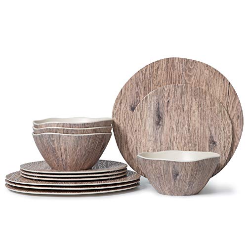 Melamine Dinnerware Set - 12pcs Melamine Plates and Bowls Set for Indoor Outdoor Use, Dishes Dinnerware Set Service for 4, Dishwasher Safe, Wood Grain