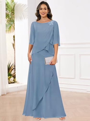 Mother of The Bride Dresses for Wedding Chiffon A Line Long Evening Dresses with Sleeves2