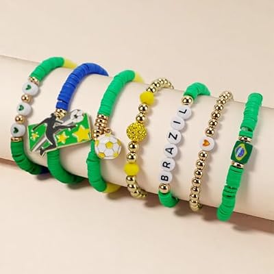 Amaiir Brazil Soccer Bracelet For Women, Game Day Mom Accessories & Outfits Sports Jewelry Fans Gifts, Charm Beaded Stretch Bracelets Essentials Team Gear