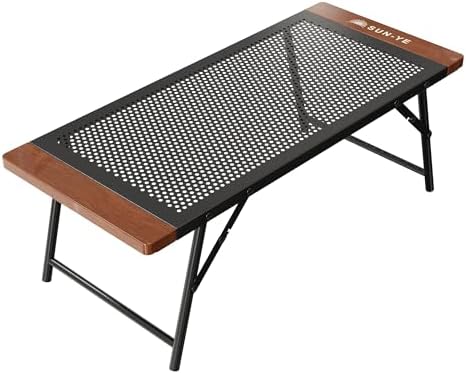SUN-YE 折り畳み キャンプテーブル アウトドア メッシュデザイン 木製エッジ 焚き火 コンロ置き クーラーボックススタンド対...