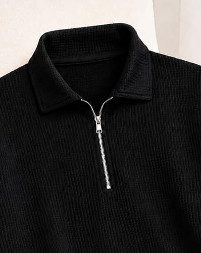 Image of AUSK Men's Waffle Knit Textured Full Sleeve Polo T-Shirt | Cotton Blend Regular Fit Zip Polo Neck Solid Smart Casual T Shirt for Men | Casual Wear, Travel & Weekend Wear Tshirt for Men