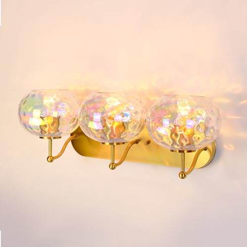Image of 23 inch Brushed Gold Vanity Light Stained Hammered Glass Wall Sconce 3-Light Brass Wall Lamp for Hallway Living Room Stairwell Bathroom Over Mirror (Brass Gold, 3-Light)