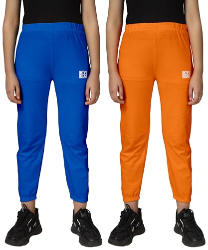 Image of KYDA KIDS Girls Mid Rise 100% Pure Cotton Track Pants | Regular Fit Elastic Waist Casual Wear | Soft Comfortable Kids Trousers (Pack of 2)