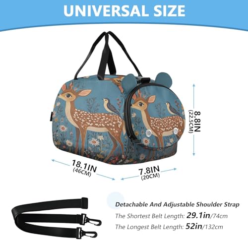 Brown Fawn Bird Flowers Kids Travel Duffel Bag for Boys Girls Overnight Weekend Tote Bag with Shoes Compartment for Sleepover Trip Beach3