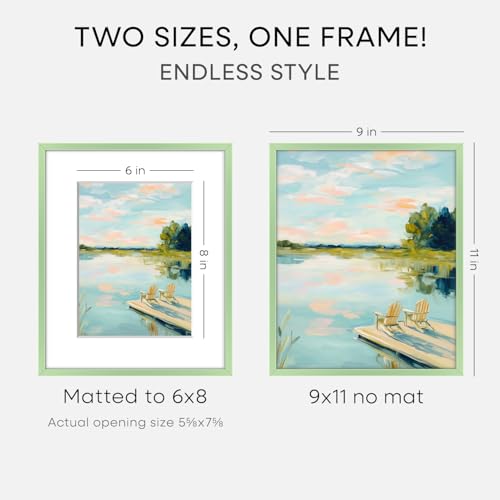 Image of Homeforia 9x11 Green Picture Frame, High-End Metal, 6x8 Mat, Glass | High End Aluminum, Tempered Glass, Acid-Free 6x8 Removable Mat, 9x11 in Edge-to-Edge Display 11x9, Wall Kit, Set Of 1