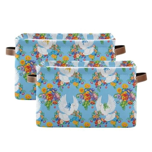 xigua Doves Storage Basket Foldable Storage Bin, Canvas Rectangular Storage Basket with Leather Handles for Home Closet & Office Decoration