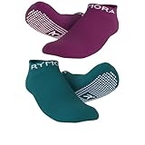Rymora Grip Socks for Men & Women (2 Pairs: Purple & Teal) (Large: US Men 10-12 / US Women 11-13) - Sticky Anti Slip Non Skid - Perfect for Yoga, Pilates, Barre, Hospital, Labor