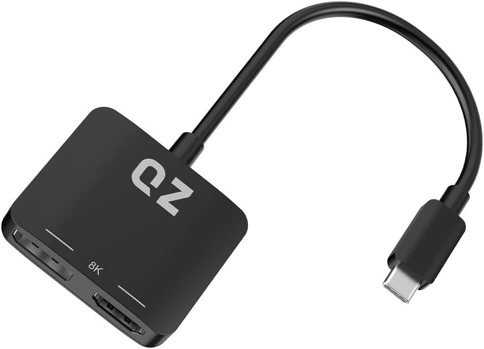 QZ USB-C Hub 8K, Dual Display, 2 in 1 HDMI and DisplayPort, Single Display 8K 30Hz or Dual Display 4K/60Hz for USB-C PC, Laptop and Phones