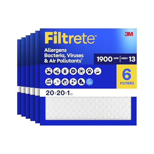 Filtrete 20x20x1 Air Filter MERV 13 MPR 1900 Allergens Bacteria Viruses & Air Pollutants 3-Month AC/Furnace Filters Cleaner Air Reliable Airflow 6 HVAC Filters(Act Size 19.62x19.62x0.78 in)