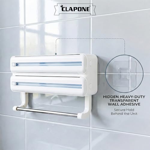 Image of Foil Paper Cutter and Holder Aluminium Foil and Plastic Wrap Organizer with Paper Towel Holder Compatible with Cling Film Tin Foil and Wax Paper Plastic Wrap Dispenser Cutter (White, Dual Layer)