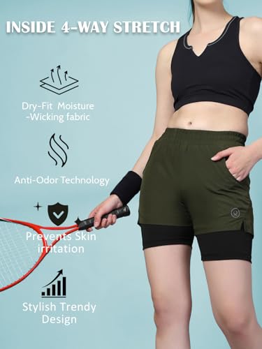 Image of CHKOKKO Gym Shorts for Women Workout Sports Running Quick Dry Fit Double Layer Inner Compression with Pockets Breathable Lightweight Wear