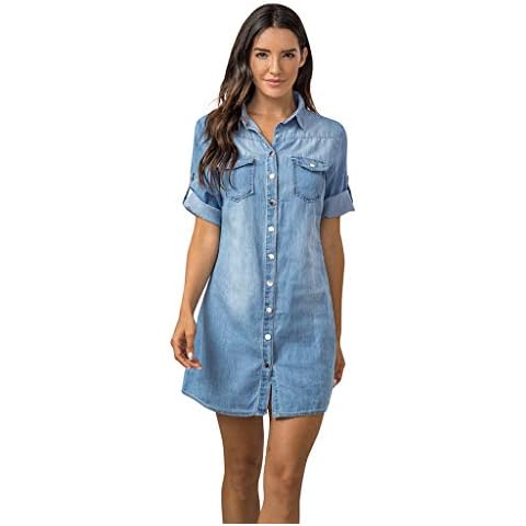 Ashowlaco Women Fashion Dress Short Sleeve Dress Solid Denim Dress Turn Down Collar Slimming Mini Dresses Blue Cover