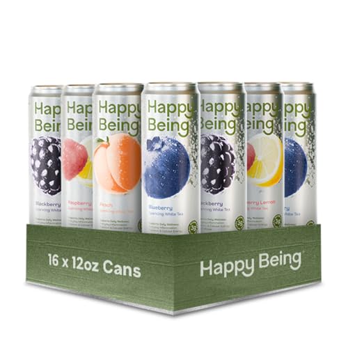 Happy Being White Tea Sparkling Variety Pack – Blueberry, Blackberry, Peach, Raspberry Lemon,...