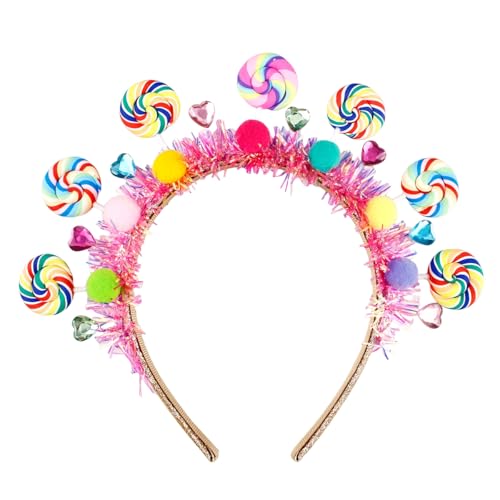 Cohortstar 1 Pcs Candy Headband Sweet Candy Hairband Lollipop Headpiece Princess Headband Colorful Pom Pom Bow Xmas Hair Accessories Costume Gift (Rainbow Tinsel)