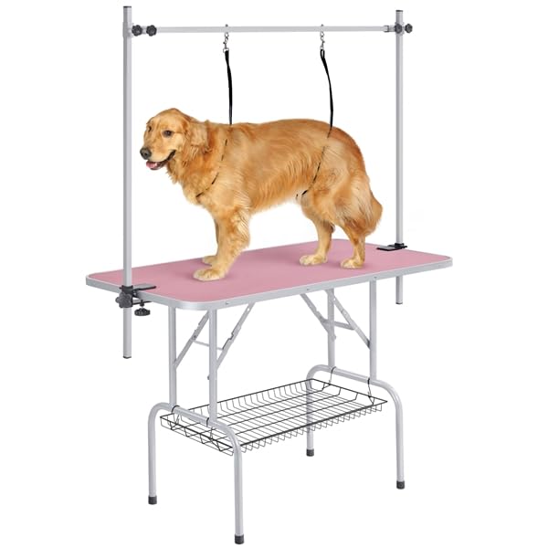 Tavolo da Toelettatura per Cani Tosatura Piano Antiscivolo Pieghevole Rosa 177 cm