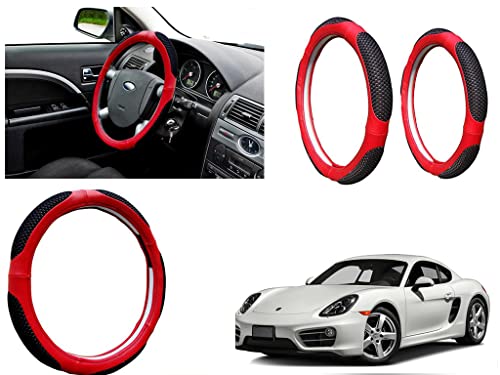 Image of Microfiber Car Steering Wheel Cover, Soft Padding Great Hand Feel, Anti-Slip, Faux Leather Steering Cover for Porsche Cayman | Black Red Jali - Pack of 1