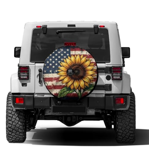Image of Delerain Spare Tire Cover with Backup Camera Hole Sunflower with USA Flag Wheel Covers Waterproof Dust-Proof UV Sun Universal Fit for Trailer RV SUV Truck (17 Inch for Diameter 31 inch-33 inch)