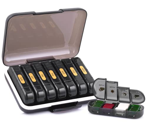 Image of Premium weekly pill organizer 4 times a day, Medicine organizer box| Medicine box, portable travel pill box weekly with large compartments moisture-proof pill case for vitamin, Medicine, pills, supplements (Black-4 Compartment)