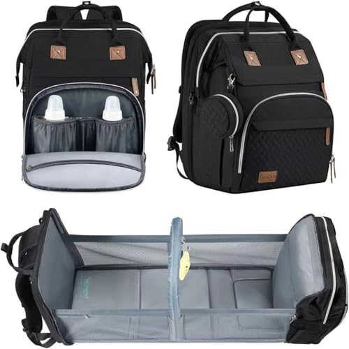 Kwueiit ママバッグ ベビーベッド 蚊よけ ママ ベビーカー 大容量 母子マザーズ ママ 盗難防止ポケット 保温ポケット付き マザーズリュック 大容量 多機能 掛けるベルト リュックサック ベビー用品収納 通勤 旅行 (ブラック)
