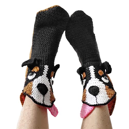 Ursobutegl Funny Animal Socks for Kids Women Knit Crocodile Floor Socks Creative 3D Chameleon Funky Shark Christmas Gifts (Kids-Black dog)