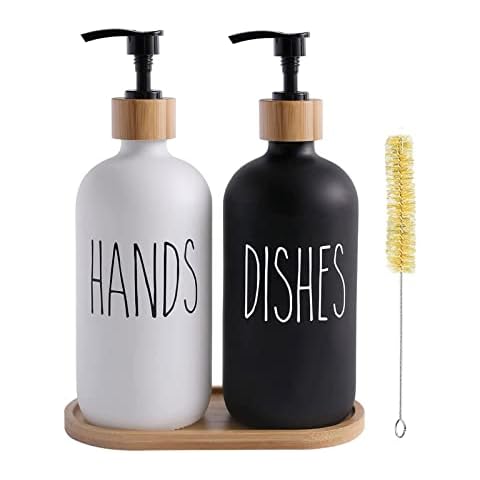 4pcs Soap Dispenser Kitchen Black Glass Soap Dispenser Set, Liquid Hand Soap Dispenser With Wooden Base Hand Wash Glass Pump Bottles, Dispenser Glass Bottle For Kitchen, Bathroom, Countertop Cover