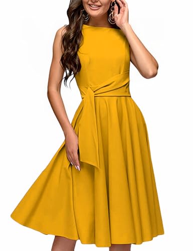 Image of FENJAR Women's Elegance Audrey Hepburn Style Ruched Dress Round Neck Sleeveless Swing Midi A-line Dresses (US, Alpha, X-Large, Regular, Regular, Yellow)