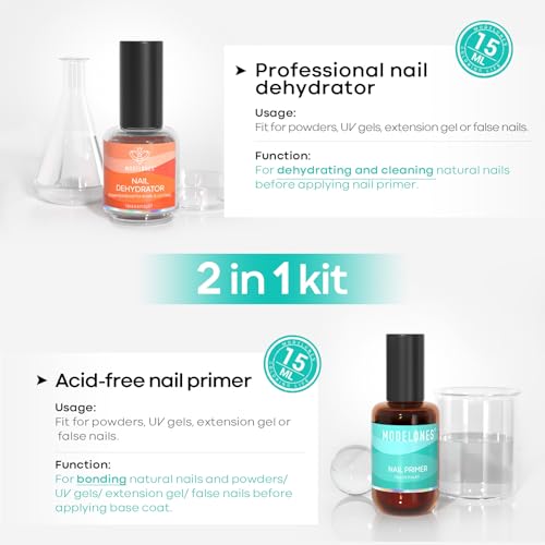 Image of modelones 4 Pcs Nail Dehydrator and Primer, 15 ml Acid Free Natural Prep Dehydrate & Bond Primer Hema-Free Bonding for Nail Supplies
