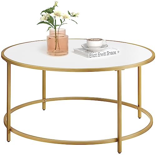 VASAGLE Mesa de Centro Redonda, Mesa con Marco de Acero, Mesa de Salón, Mesa de Café, Blanco y Dorado LCT091A10
