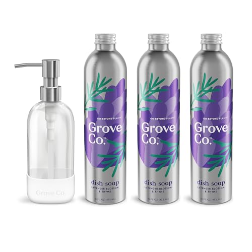 Image of Grove Co. Dish Soap, 3 x 16 fl oz Refills + Refillable Glass Dispenser | Lavender Blossom & Thyme; Plastic-Free; Reusable dispenser; Refill format; Removes Stuck on Food; 98% plant-based ingredients