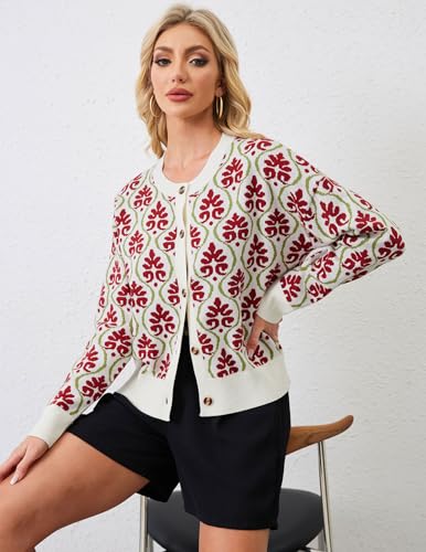 Image of Women's Floral Printed Cardigan Open Front Button Down Knit Flower Sweaters Long Sleeve Crew Neck Fashion Tops Red