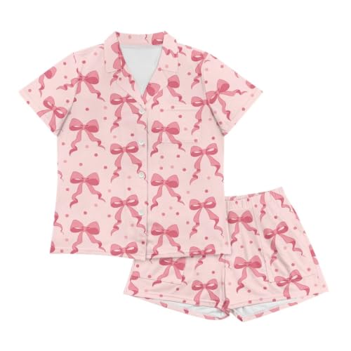 Image of Renewold Button Down Womens Pajama Set Short Sleeve Loungewear Bow Nightwear Sleepwear Night Suit Tops Shorts 2 Pieces
