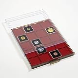 Elegant - Münzen-Box mit samtigem dunkelrotem Futter für 20 Münzen in einer rauchfarbenen Schublade bietet Platz für diverse Münzen in verschiedenen Größen unter 50 mm. Außenmaße: 236 x 20 x 303 mm