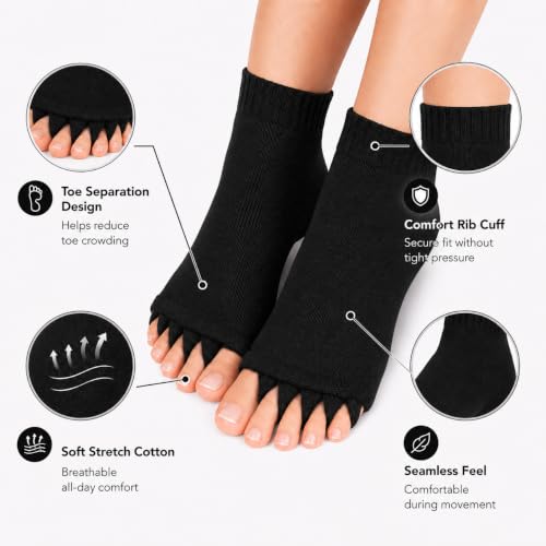Image of Foot Alignment Orthopedic Cotton Socks for Men & Women | Five Toe Separator | Foot Pain Relief | Bunion Corrector | Plantar Fasciitis Support | Improves Posture & Flexibility | Free Size | Black | 1 Pair