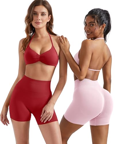 Image of OMKAGI Halter Sports Bras for Women Padded Strappy Bra Open Back Workout Gym Crop