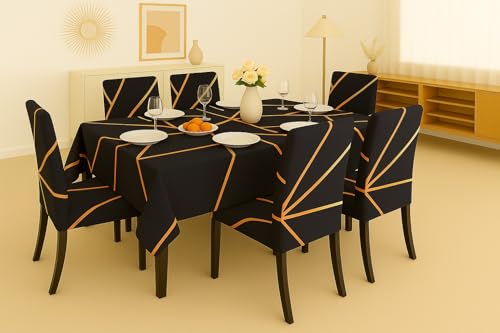 Image of Homerz Premium 6 Seater Dining Table Cloth with 6 Dining Chair Covers,Elastic Fitted Chair Slipcovers, Printed Polycotton Fabric, Table Cloth Size 60x90 inch (Golden Strip)