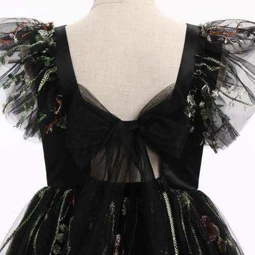 Floral Embroidered Dress for Girls Ruffle Sleeve Formal Birthday Wedding Pageant Party Tulle Dresses Black 4-5 Years4